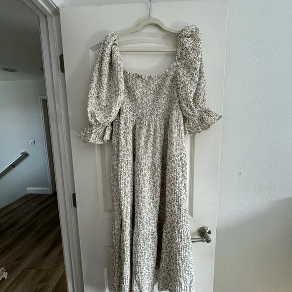 Cream Maternity Dress with Puff Sleeves - Picture 1 of 3